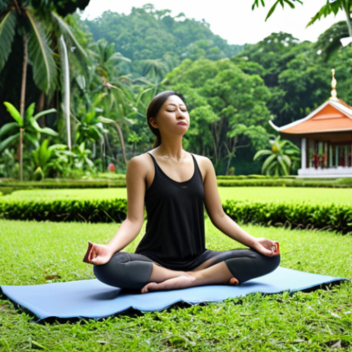 **Image Prompt:** A woman practicing deep breathing exercises in a peaceful park setting in Malaysia. Lush greenery, serene atmosphere, focus on relaxation, maybe some traditional Malay architecture in the background subtly. Peaceful, calming, wellness concept.
