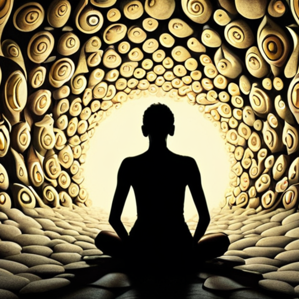 A person's silhouette or a blurred figure sits surrounded by a swirling vortex of dark, chaotic thought bubbles and shadowy, whispering voices, symbolizing overwhelming self-doubt, criticism, and past regrets. A single, calm ray of golden light or a glowing, serene lotus flower begins to emerge from the chaos, hinting at the first signs of self-awareness and a path towards understanding. The mood is introspective, slightly melancholic yet with a subtle sense of emerging hope. Art style: surreal, psychological, with muted colors and a contrasting vibrant highlight.