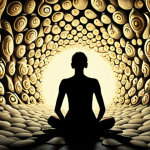 A person's silhouette or a blurred figure sits surrounded by a swirling vortex of dark, chaotic thought bubbles and shadowy, whispering voices, symbolizing overwhelming self-doubt, criticism, and past regrets. A single, calm ray of golden light or a glowing, serene lotus flower begins to emerge from the chaos, hinting at the first signs of self-awareness and a path towards understanding. The mood is introspective, slightly melancholic yet with a subtle sense of emerging hope. Art style: surreal, psychological, with muted colors and a contrasting vibrant highlight.