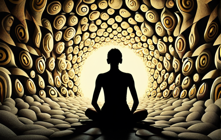 A person's silhouette or a blurred figure sits surrounded by a swirling vortex of dark, chaotic thought bubbles and shadowy, whispering voices, symbolizing overwhelming self-doubt, criticism, and past regrets. A single, calm ray of golden light or a glowing, serene lotus flower begins to emerge from the chaos, hinting at the first signs of self-awareness and a path towards understanding. The mood is introspective, slightly melancholic yet with a subtle sense of emerging hope. Art style: surreal, psychological, with muted colors and a contrasting vibrant highlight.