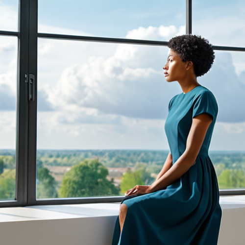 A thoughtful adult, embodying diverse ethnicity, sits calmly in a bright, minimalist living space with soft natural light. Their expression is serene and contemplative, looking out a window. Abstract, ephemeral thought clouds subtly emanate from their head, gradually dissipating into a clear, peaceful expanse above them, symbolizing mental clarity and peace. The subject is fully clothed in modest, contemporary, professional dress. safe for work, appropriate content, fully clothed, professional, perfect anatomy, correct proportions, natural pose, well-formed hands, proper finger count, natural body proportions, professional photography, high quality, soft focus.