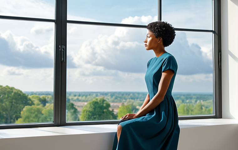 A thoughtful adult, embodying diverse ethnicity, sits calmly in a bright, minimalist living space with soft natural light. Their expression is serene and contemplative, looking out a window. Abstract, ephemeral thought clouds subtly emanate from their head, gradually dissipating into a clear, peaceful expanse above them, symbolizing mental clarity and peace. The subject is fully clothed in modest, contemporary, professional dress. safe for work, appropriate content, fully clothed, professional, perfect anatomy, correct proportions, natural pose, well-formed hands, proper finger count, natural body proportions, professional photography, high quality, soft focus.