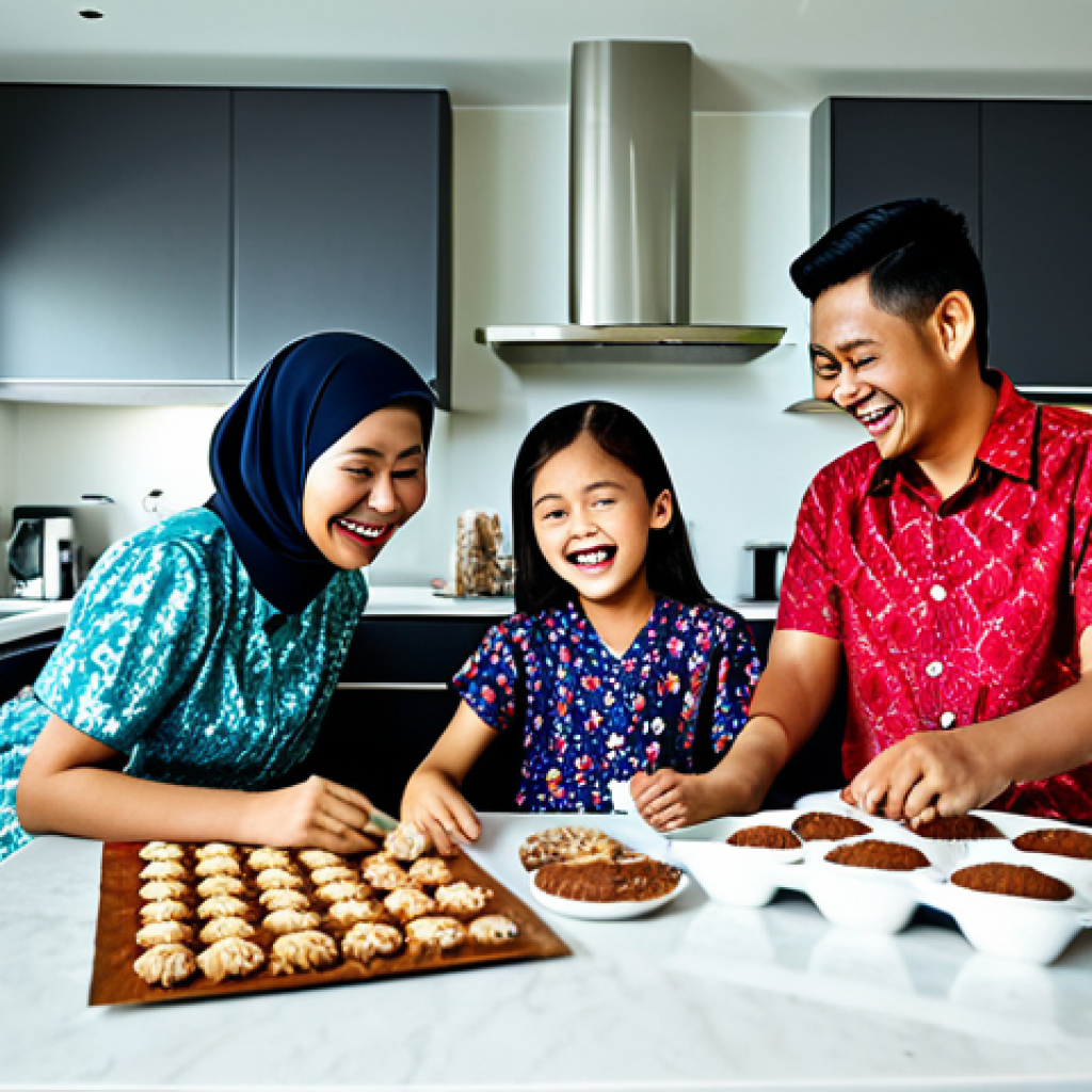 **
"A Malaysian family, fully clothed in traditional batik attire, smiling and laughing while preparing Raya cookies in a bright, modern kitchen filled with Hari Raya decorations. Safe for work, appropriate content, family-friendly, professional photography, perfect anatomy, natural proportions, modest clothing."
**