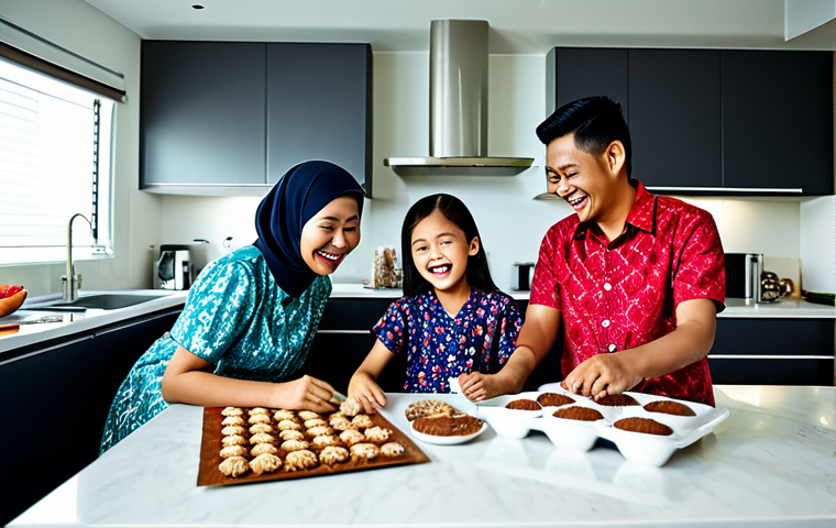 **
"A Malaysian family, fully clothed in traditional batik attire, smiling and laughing while preparing Raya cookies in a bright, modern kitchen filled with Hari Raya decorations. Safe for work, appropriate content, family-friendly, professional photography, perfect anatomy, natural proportions, modest clothing."
**