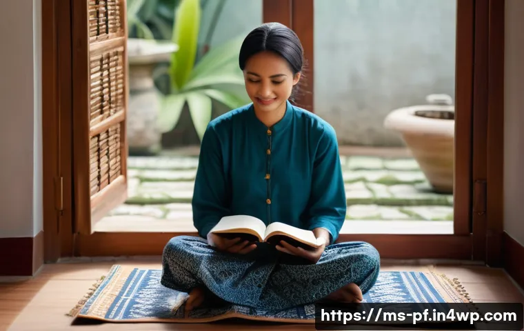 내면 대화와 성공적인 인간관계 - A serene Malay woman sitting cross-legged on a traditional woven mat inside a bright, cozy living ro...