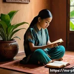 내면 대화 기록의 중요성 - A serene scene of a young Malay woman sitting cross-legged on a traditional woven mat in a cozy room...