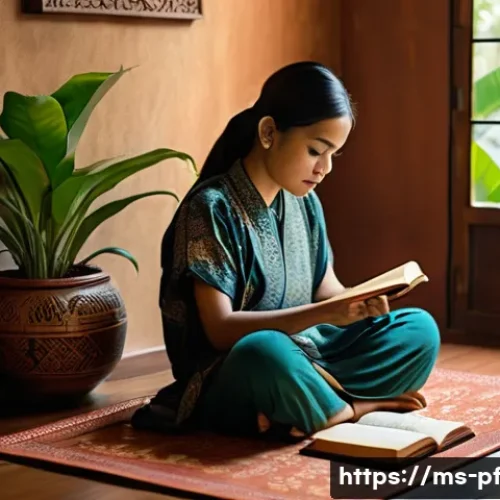 내면 대화 기록의 중요성 - A serene scene of a young Malay woman sitting cross-legged on a traditional woven mat in a cozy room...