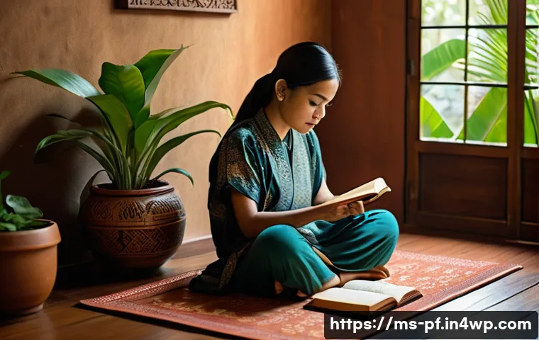 내면 대화 기록의 중요성 - A serene scene of a young Malay woman sitting cross-legged on a traditional woven mat in a cozy room...