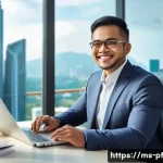 내면 대화와 직업적 성공 - A professional Malay office worker in modern business attire, sitting confidently at a sleek desk in...