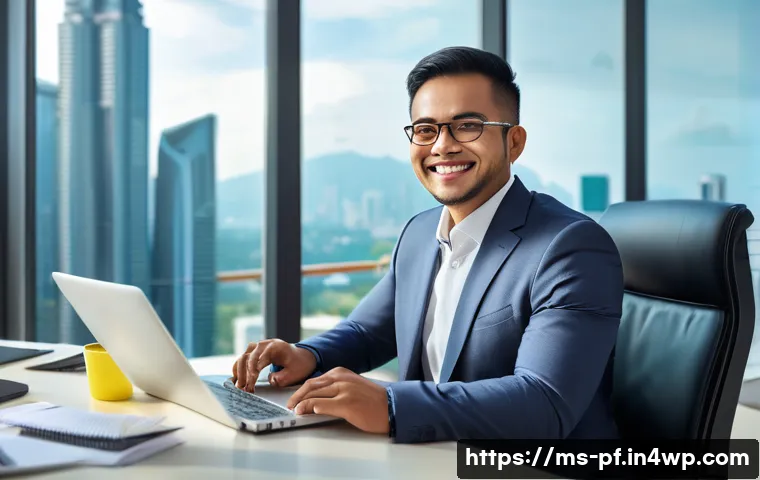 내면 대화와 직업적 성공 - A professional Malay office worker in modern business attire, sitting confidently at a sleek desk in...