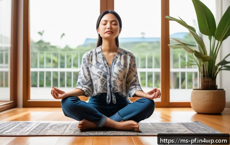 내면 대화 관찰 기법의 역사적 배경 - A young Malaysian professional woman sitting cross-legged on a modern wooden floor in a bright, mini...